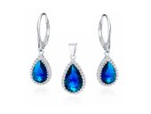 KLASYCZNY RODOWANY SREBRNY KOMPLET ŁEZKI KROPLE SZAFIROWE CYRKONIE