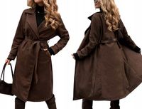 Zamszowy płaszcz wiązany klasyczny z paskiem czekoladowy P4