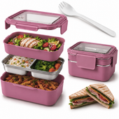 śniadaniówka lunch box z widelcem, stal nierdzewna, 2 poziomy, ciemny róż