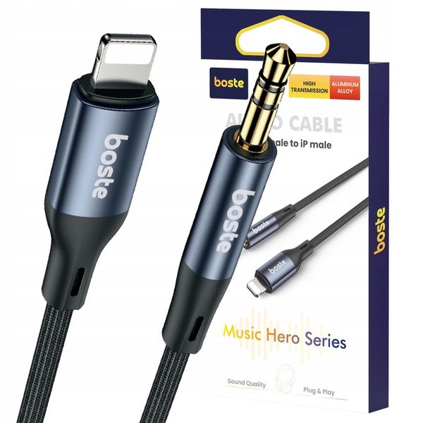 BOSTE KABEL ADAPTER PRZEJŚCIÓWKA AUDIO LIGHTNING DO IPHONE MINI-JACK AUX 1M zdjęcie 1