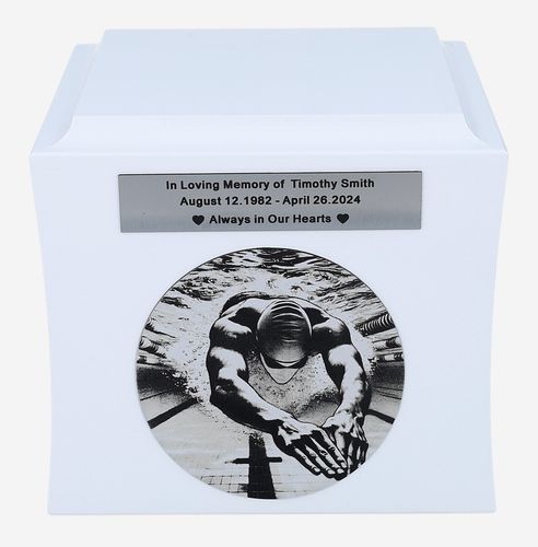 Urna tematyczna dla pływaka Biały / Wzór1 / Tabliczka na Arena.pl