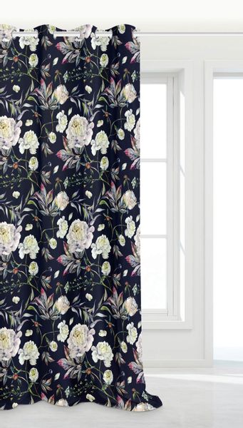 Zasłona gotowa na przelotkach PEONY 140x250 czarna kwiaty peonii zdjęcie 2