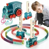 KOLEJKA POCIĄG LOKOMOTYWA UKŁADAJĄCA KLOCKI DOMINO DŹWIĘK ŚWIATŁO JEŹDZI