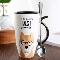 Kubek Z Pokrywką - Ceramiczny - Piesek - Idealny Do Biura - Na Prezent Biały Czarne Okulary