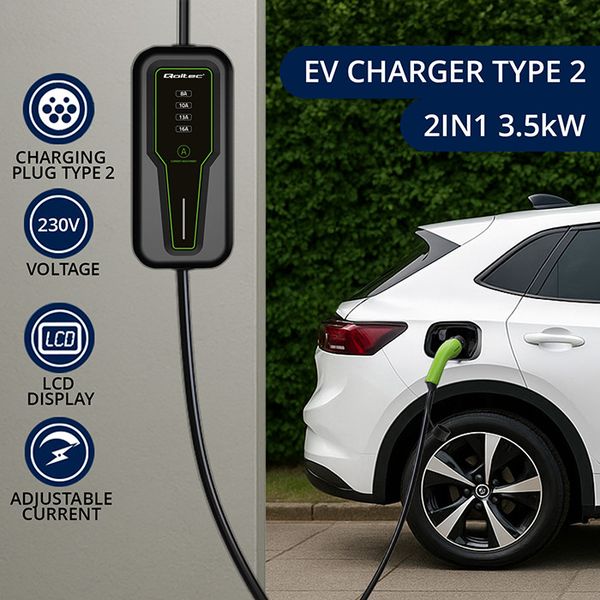 Qoltec Ładowarka EV 2w1 3.5kW Typ 2 LCD Przenośna 4m zdjęcie 2