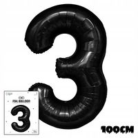 BALON FOLIOWY CYFRĄ CYFERKA 3 CZARNA NA IMPREZE URODZINOWĄ PRZYJĘCIE 100cm