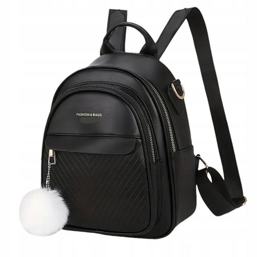 Plecak Torebka 2w1 Damski Eko Skóra Czarny Brelok Pompon Biały Prezent na Arena.pl