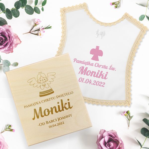 SZATKA DO CHRZTU Z HAFTEM IMIĘ DATA i PUDEŁKO zdjęcie 5