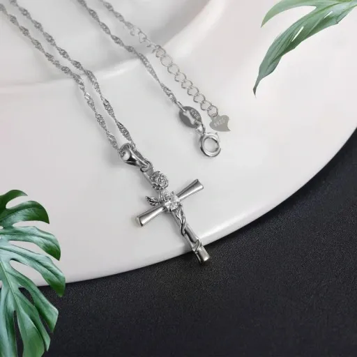 NASZYJNIK SREBRNY KRZYŻYK KRZYŻ ŁAŃCUSZEK DAMSKI KOMUNIA SREBRO PRÓBA 925 zdjęcie 7