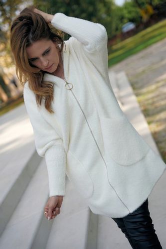 PRZEJŚCIOWY PŁASZCZ z alpaki Z KAPTUREM na suwak KOLOR BIAŁY r. oversize na Arena.pl