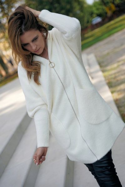 PRZEJŚCIOWY PŁASZCZ z alpaki Z KAPTUREM na suwak KOLOR BIAŁY r. oversize zdjęcie 13