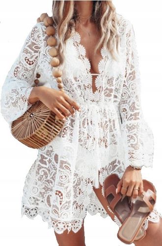 PAREO PLAŻOWA TUNIKA LETNIA BOHO NARZUTKA KORONKA BIAŁA SUKIENKA NA LATO na Arena.pl