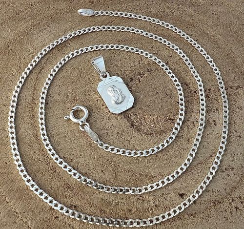 Łańcuszek srebrny pancerka i medalik Matka Boska na komunię na chrzest 50cm na Arena.pl