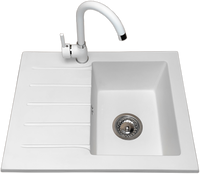 Zlewozmywak jednokomorowy z ociekaczem ARAGON biały z lewym ociekaczem + bateria NOON