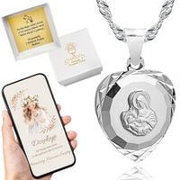 Łańcuszek srebrny medalik komunijny serce 925 Matka Boska na komunię 45 cm