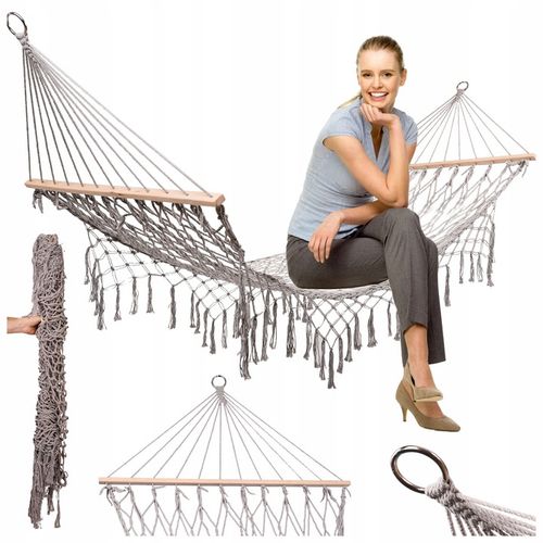 HAMAK OGRODOWY SIATKA MAKRAMA WISZĄCY LEŻAK BOHO FRĘDZLE 200 CM SZARY DUŻY na Arena.pl