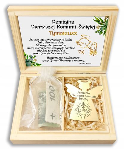PAMIĄTKA PREZENT PIERWSZA KOMUNIA ŚWIĘTA IMIĘ DATA GRAWER PUDEŁKO MAGNES na Arena.pl