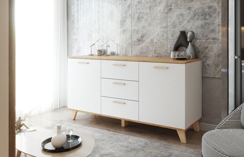 Komoda Biała Z Drewnem Olivier 150cm Pojemna Szafka Rtv Z 3 Szufladami na Arena.pl