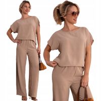 Elegancki Klasyczny KOMPLET Prosta BLUZKA Szerokie SPODNIE Beż