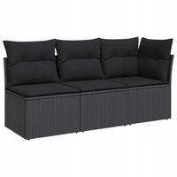 vidaXL Sofa ogrodowa z poduszkami, 3-osobowa, czarna, polirattan