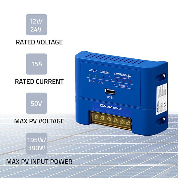 Regulator ładowania Qoltec MPPT 15A, solarny 12/24V zdjęcie 2