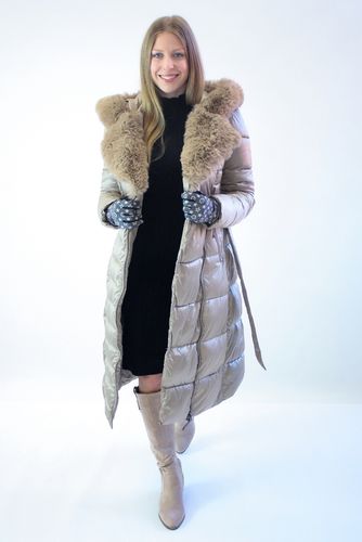 Kurtka Zimowa Długa z Futrem i Paskiem Beżowa S na Arena.pl