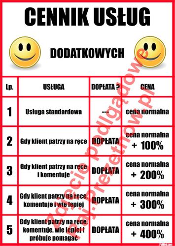 ŚMIESZNY ZABAWNY ŻARTOBLIWY CENNIK DLA FIRM USŁUGOWYCH - prezent na Arena.pl
