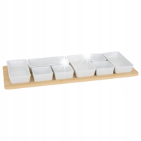 MISECZKI PORCELANOWE NA PRZEKĄSKI Z BAMBUSOWĄ TACĄ 58X22X5CM 8 SZTUK