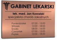nadruk TABLICZKA miedziana 40x30 GABINET LEKARSKI nazwisko godziny otwarcia