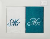 Komplet ręczników 2 szt. Mr-Mrs 70x140 Eurofirany biały / c.turkusowy