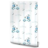 Tapeta Do Pokoju Dziecka KRÓLICZKI Na Skuterkach Chmurki Paski Balony