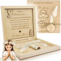 DREWNIANA PAMIĄTKA PIERWSZEJ KOMUNII ŚWIĘTEJ PUDEŁKO NA PIENIĄDZE ŻYCZENIA