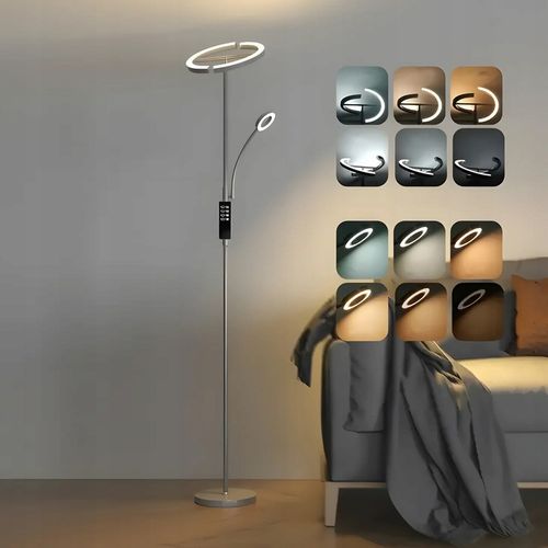 Lampa Stojąca LED Podłogowa Srebrna do Salonu Z Pilotem i Elastyczną na Arena.pl