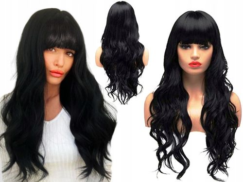 PERUKA DAMSKA WŁOSY DŁUGIE CZARNE FALE SZTUCZNE SYNTETYCZNE 65 CM Z GRZYWKĄ na Arena.pl