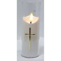 Świeca z krzyżem LED 5.5x15cm w osłonie z efektem płomienia 2xAA