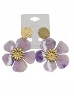 Kolczyki duży kwiat akryl stal chirurgiczna nadruk brokat fioletowy 7 cm