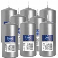 ZESTAW 8 ŚWIEC STOŁOWYCH WALEC KLASYCZNA ŚWIECZKA 10cm SREBRNA