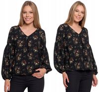 Koszula Damska Bluzka z Bufiastymi Rękawami w Kwiatki CZARNY MORAJ - XXL