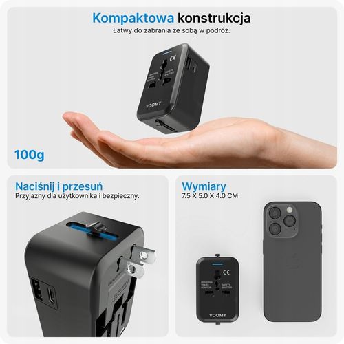 Przejsciowka adapter wtyczka angielska VOOMY, 1x USB-C & 1x USB-A, na Arena.pl