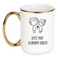 KUBEK "JESTEŚ MOIM ULUBIONYM DEBILEM" Wzór - Duży Biało-Złoty 450 ml