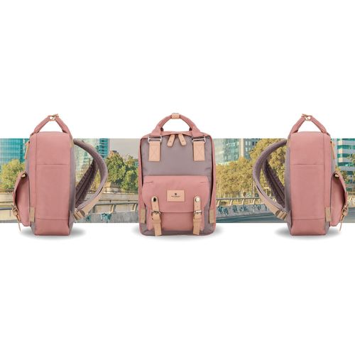 różowo-szary plecak damski z poliestru i skóry ekologicznej, na Arena.pl