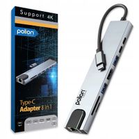 2 x Adapter HUB 8w1 POLION USB-C przejściówka USB 3.0 PD HDMI 4K SD LAN