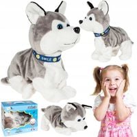 PIES PIESEK INTERAKTYWNY HUSKY REAGUJE NA DOTYK SZCZEKA KŁADZIE SIĘ SIADA