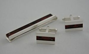 Spinka do krawata do mankietów srebro bursztyn na Arena.pl