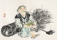 Plakat 42x29,7cm Smoking Farmer,  Kōno Bairei Japoński Vintage do Salonu