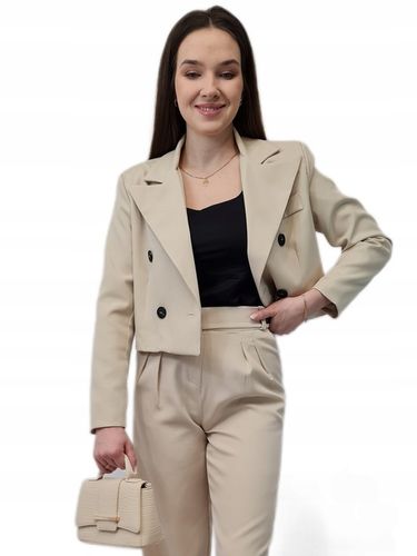 Modna MARYNARKA KRÓTKA Beżowa, Nowoczesny Żakiet Damski do Garnituru, r. L na Arena.pl