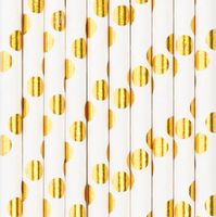 Słomki papierowe białe w złote kropki, 10 szt.