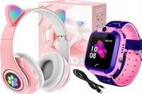 Smartwatch Różowy (GPS,Lokalizator,APARAT) + SŁUCHAWKI LED KOCIE USZY
