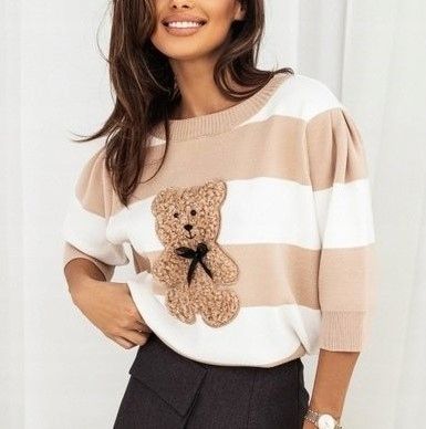 COCOMORE Sweter w Pasy MIŚ Bear Beżowy + Biały + Camel Nowość zdjęcie 7