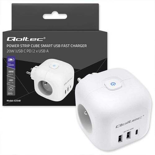 Qoltec Kostka zasilająca 6w1, 2xUSB, USB-C 20W, 1xPD Biała na Arena.pl